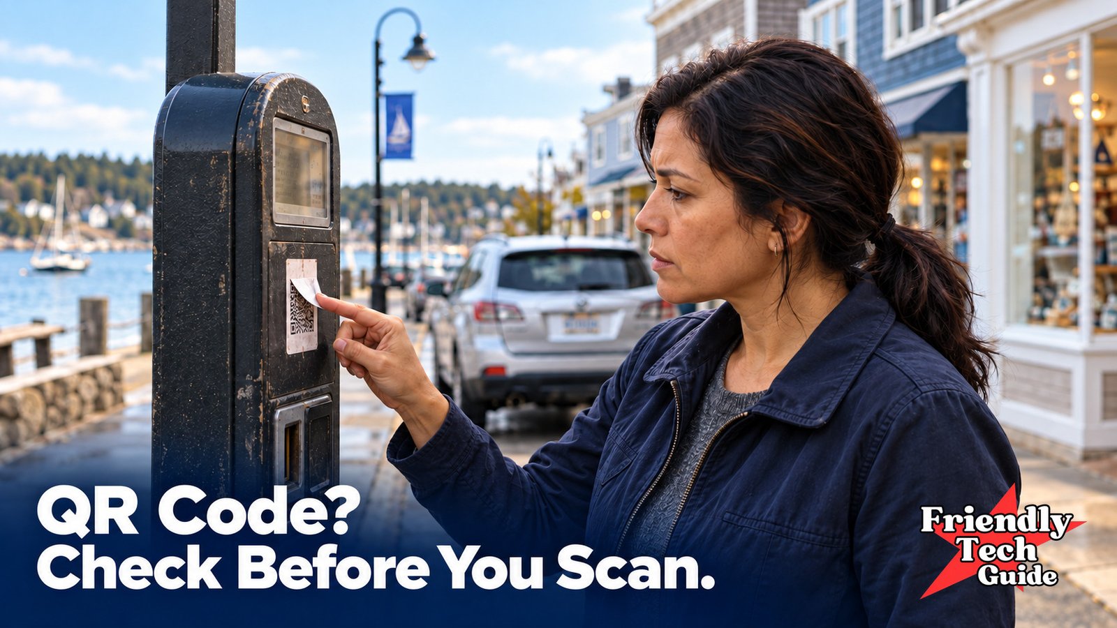 Woman inspecting a QR-code sticker on a parking meter. Text: QR Code? Check Before You Scan.