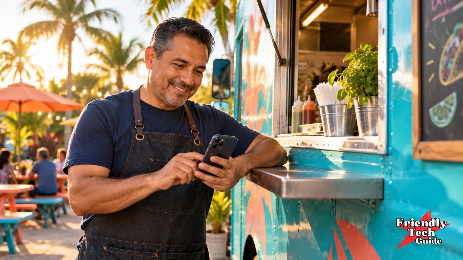 A food-truck owner checks his business website on a phone beside a turquoise truck in warm afternoon light.