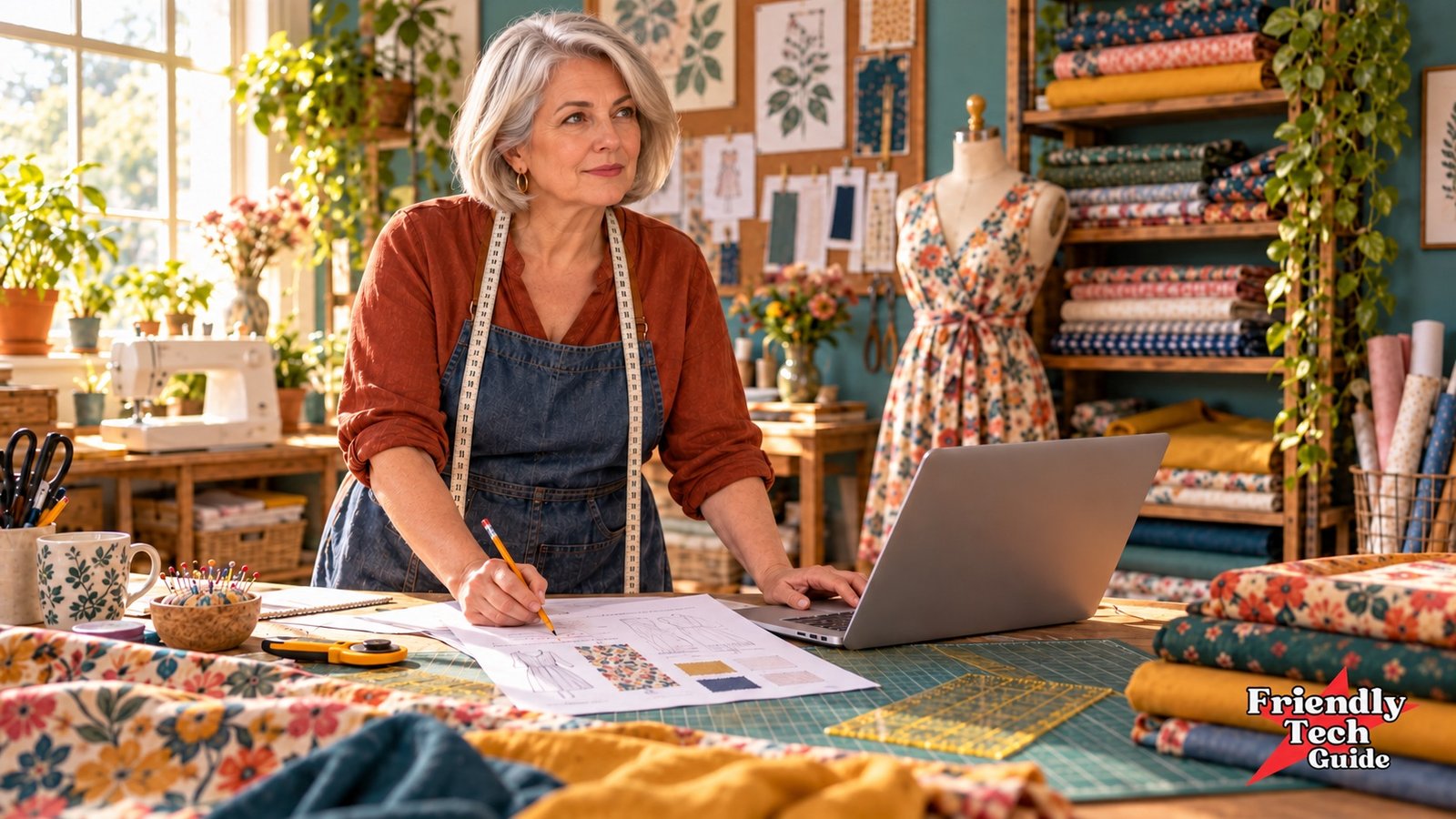 A sewing studio owner pauses over her notes and looks ahead thoughtfully beside an open laptop.
