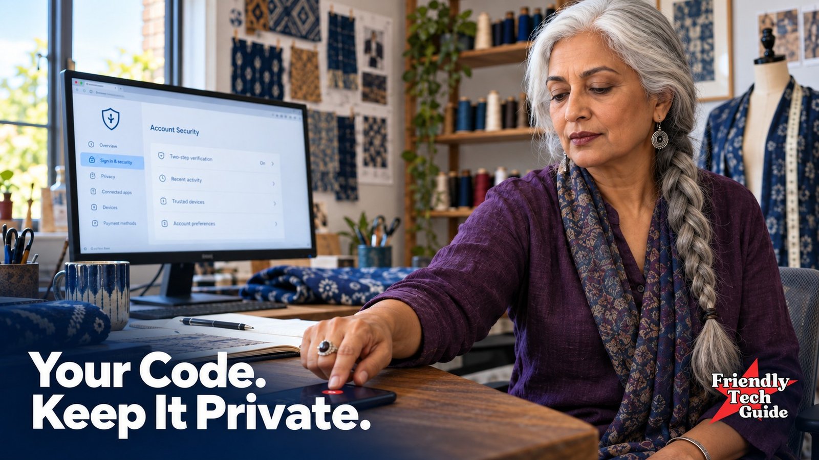 Woman at a sewing-workshop desk beside an account-security screen. Graphic text: Your Code. Keep It Private. Friendly Tech Guide logo.