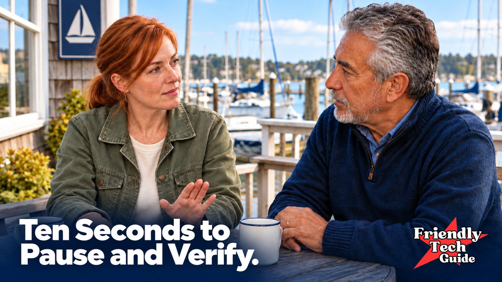 Woman making a pause gesture while talking with a man beside a marina. Text: Ten Seconds to Pause and Verify.
