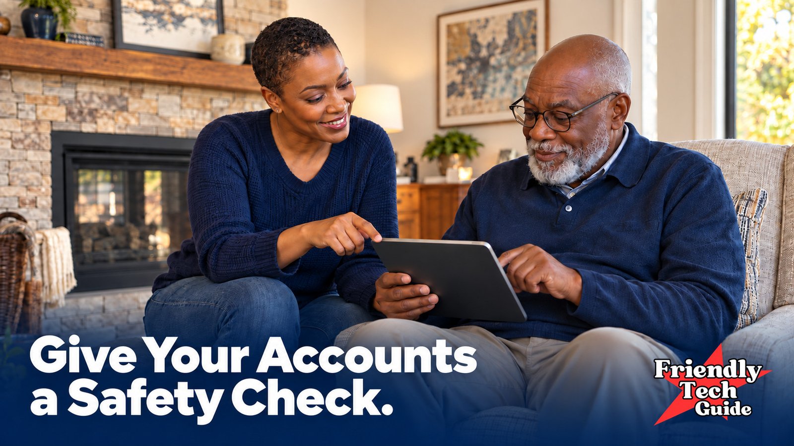 Woman pointing to a tablet held by an older man. Text: Give Your Accounts a Safety Check.