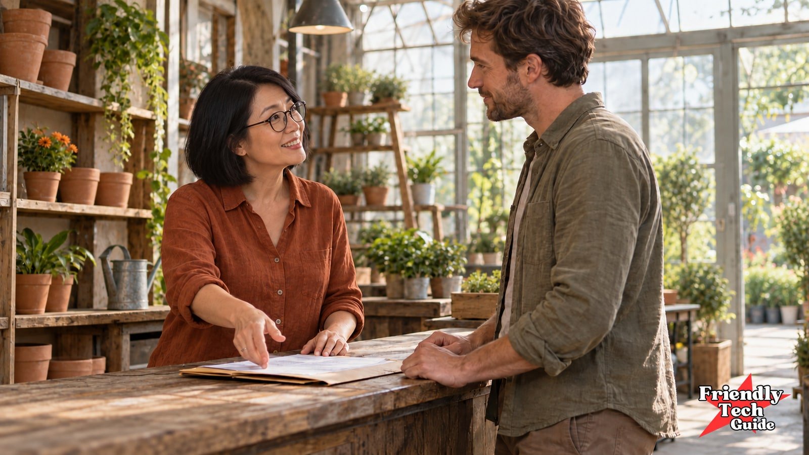 Two colleagues discuss a paper folder across a garden-shop counter, with empty hands and a few plants behind them.