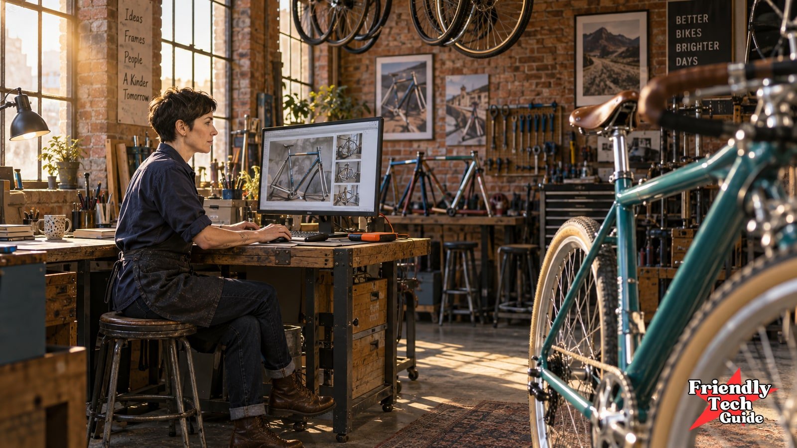 A bicycle-workshop owner sits on the left at a desktop monitor and external drive, with a teal bicycle in the right foreground.