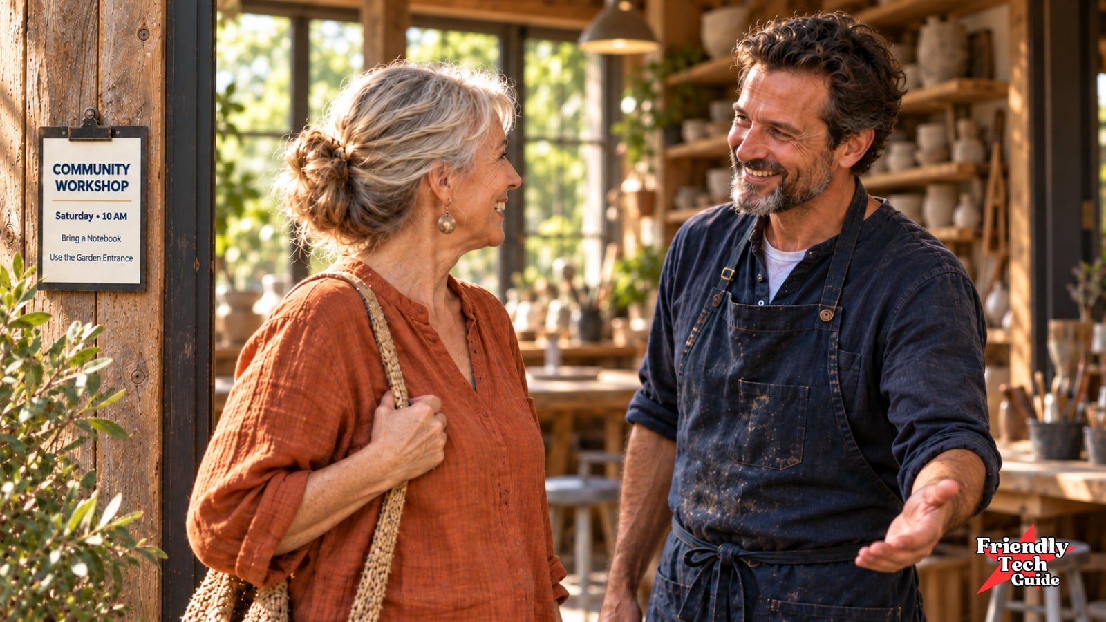 A woman greets a man in an apron beside a community workshop notice: Saturday, 10 AM; Bring a Notebook; Use the Garden Entrance.