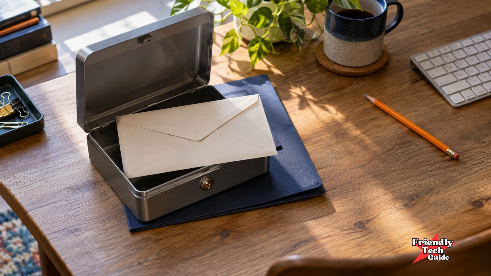 A sealed envelope rests inside an open metal lockbox on a navy folder beside a keyboard and orange pencil.