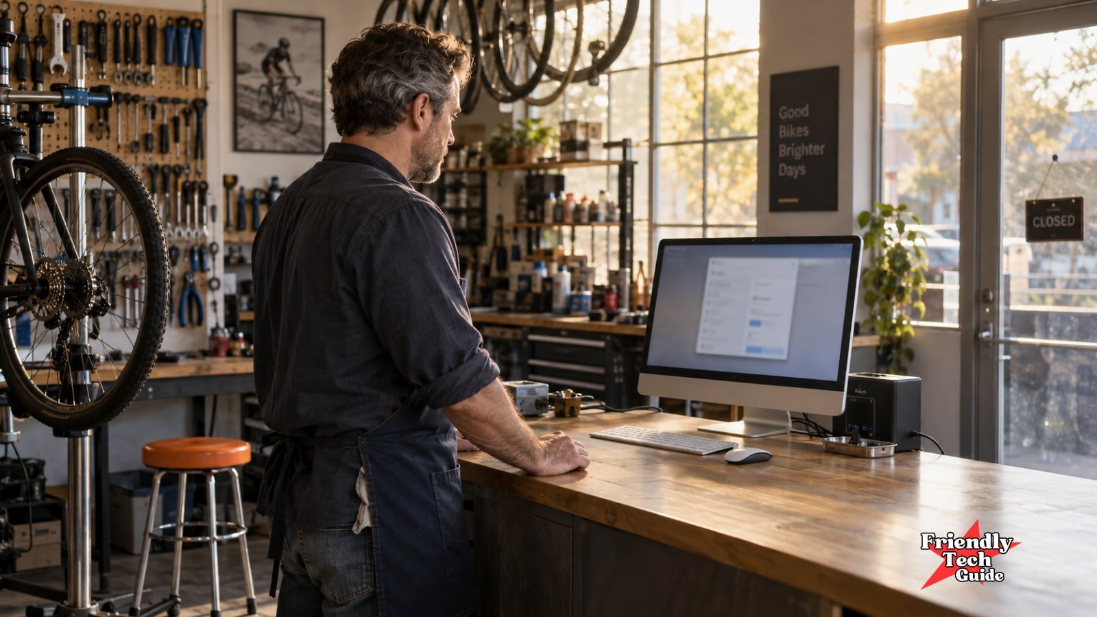 A man stands at a bicycle-workshop counter looking toward a desktop computer, with a closed sign on the door.