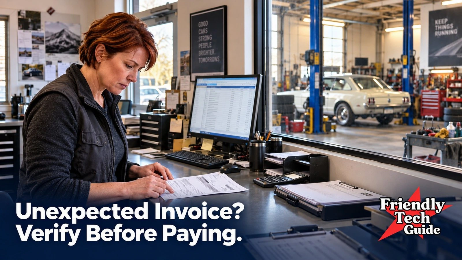 Red-haired woman comparing an invoice with paperwork in a repair shop. Graphic text: Unexpected Invoice? Verify Before Paying. Friendly Tech Guide logo.