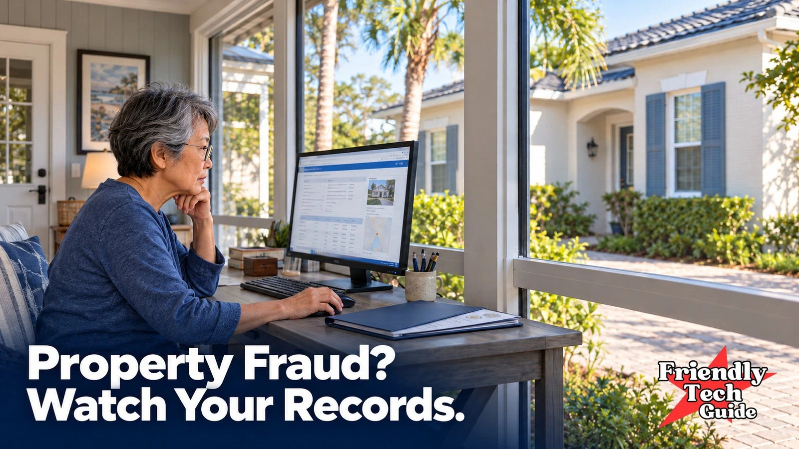 Woman reviewing a computer screen beside a window overlooking a home. Text: Property Fraud? Watch Your Records.