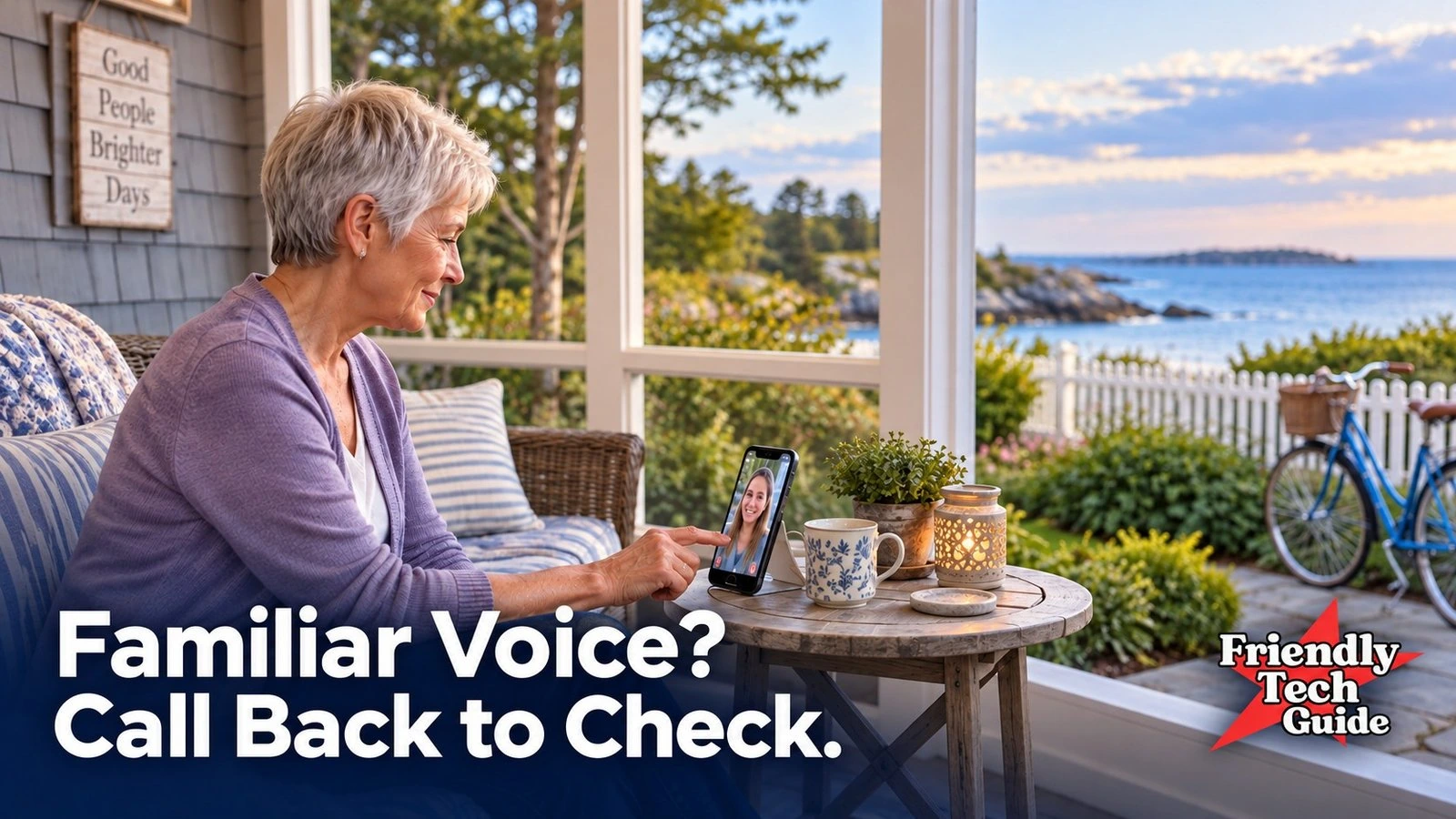 Older woman making a video call on a coastal porch. Graphic text: Familiar Voice? Call Back to Check. Friendly Tech Guide logo.