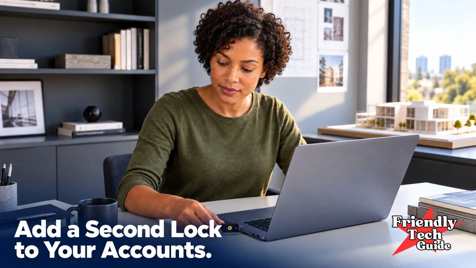Woman inserting a USB security key into a laptop. Text: Add a Second Lock to Your Accounts.