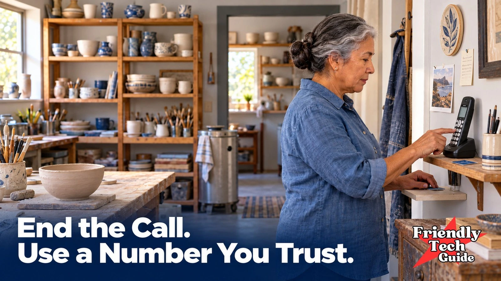 Woman dialing a cordless phone in a pottery studio. Text: End the Call. Use a Number You Trust.