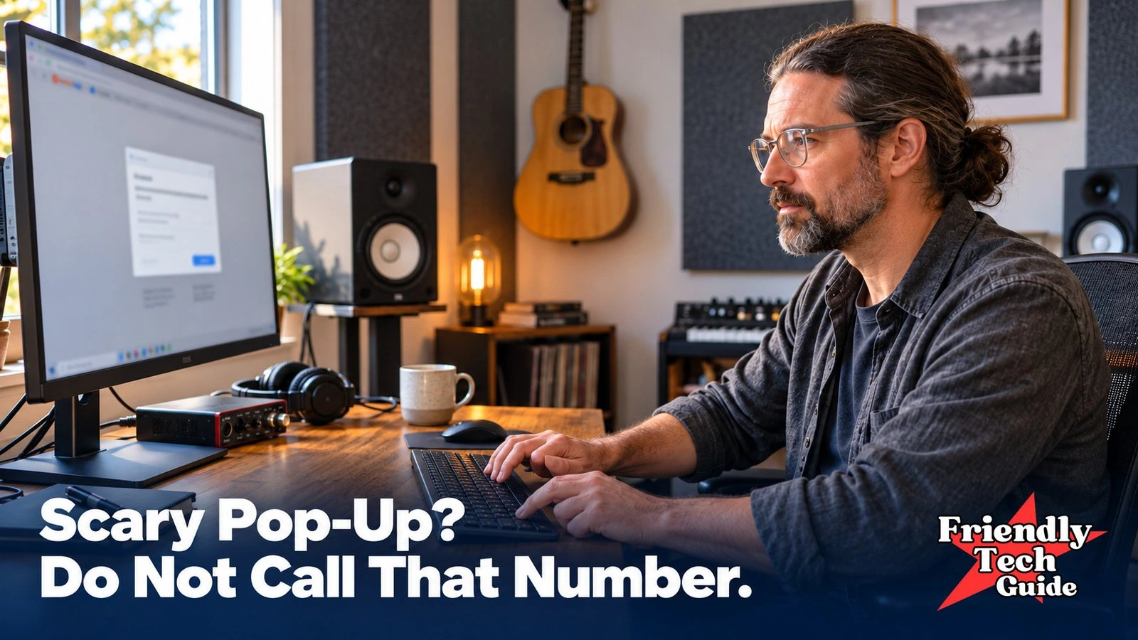Man viewing a pop-up on a computer in a home music studio. Text: Scary Pop-Up? Do Not Call That Number.