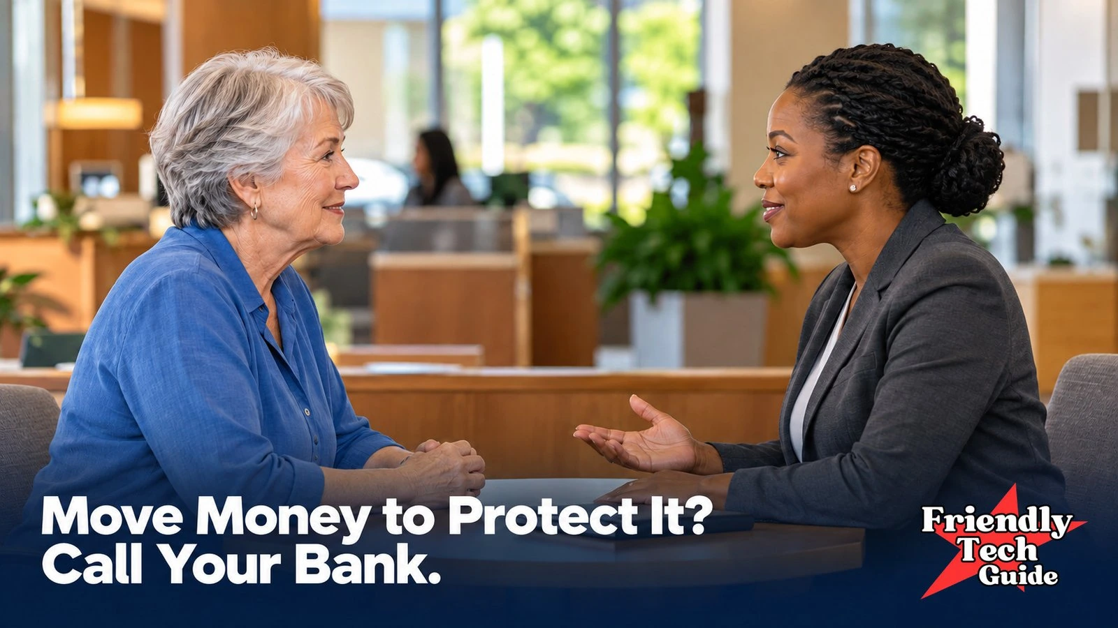 Older customer and bank employee making eye contact across a desk in a bank. Graphic text: Move Money to Protect It? Call Your Bank. Friendly Tech Guide logo.