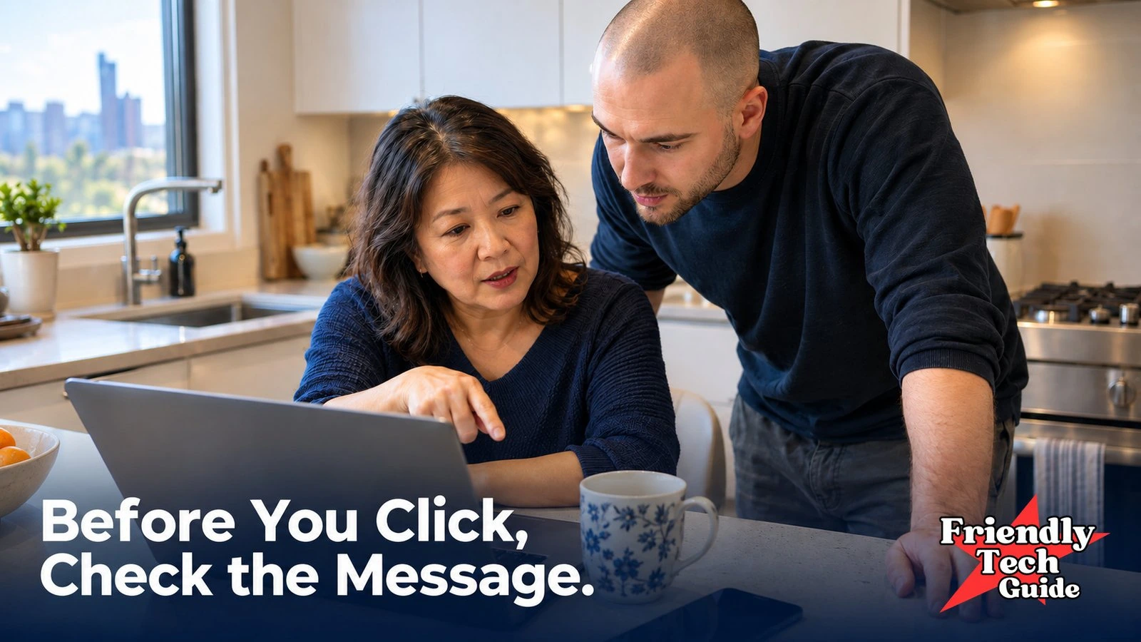 Two adults reviewing a laptop screen together in a kitchen. Text: Before You Click, Check the Message.