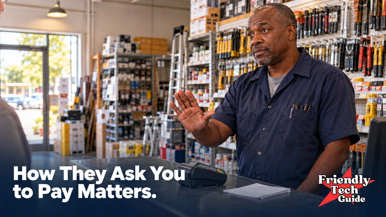 Man raising a hand across a hardware-store counter beside a payment terminal. Text: How They Ask You to Pay Matters.
