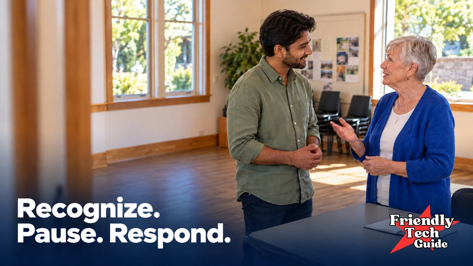 Two adults talking beside a table in a community room. Text: Recognize. Pause. Respond.