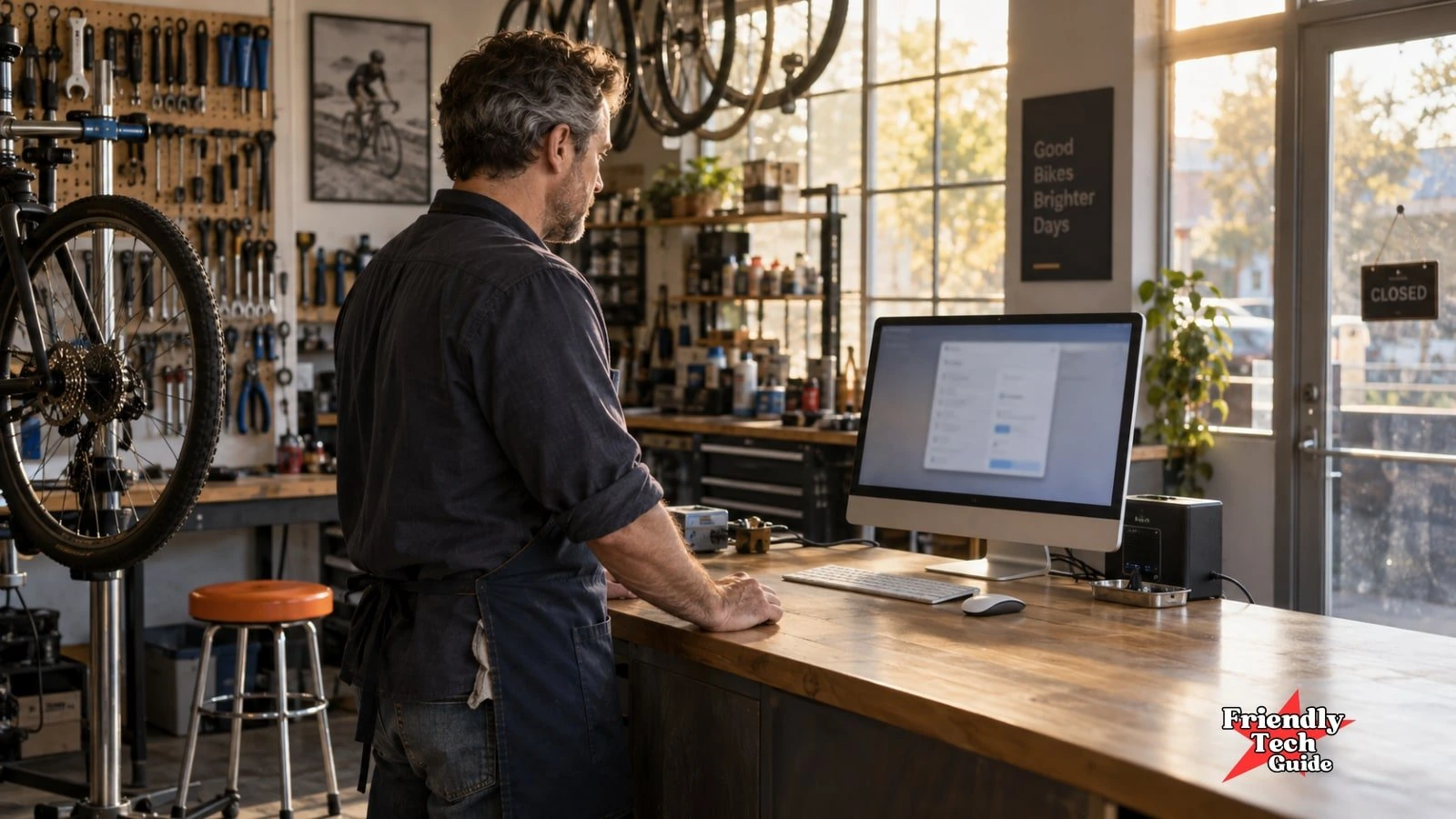A man stands at a bicycle-workshop counter looking toward a desktop computer, with a closed sign on the door.