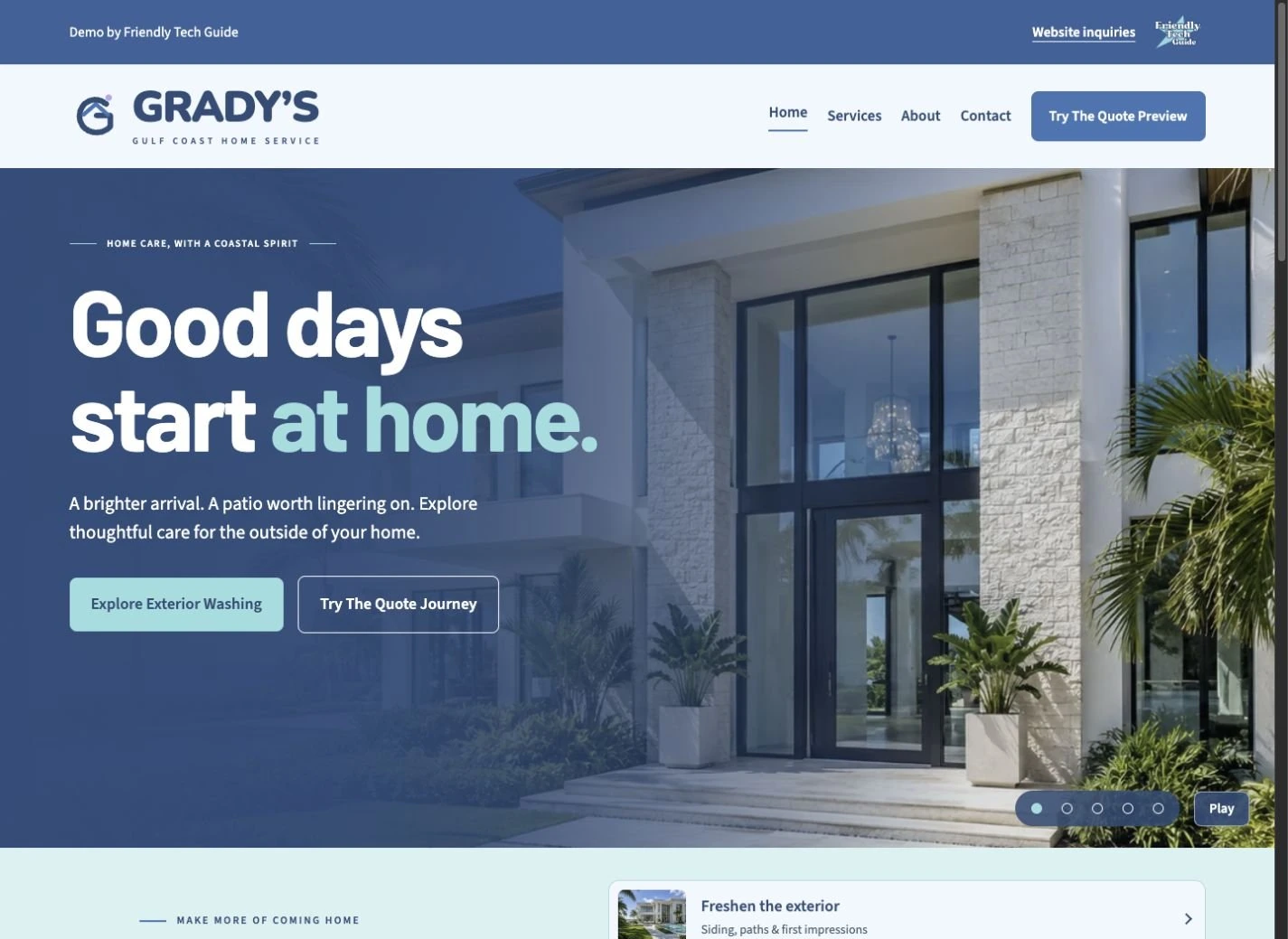 Grady’s demo homepage featuring a coastal home and its home-care services