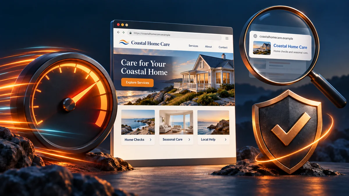 Concept illustration of website speed, search visibility, and protection; not measured results
