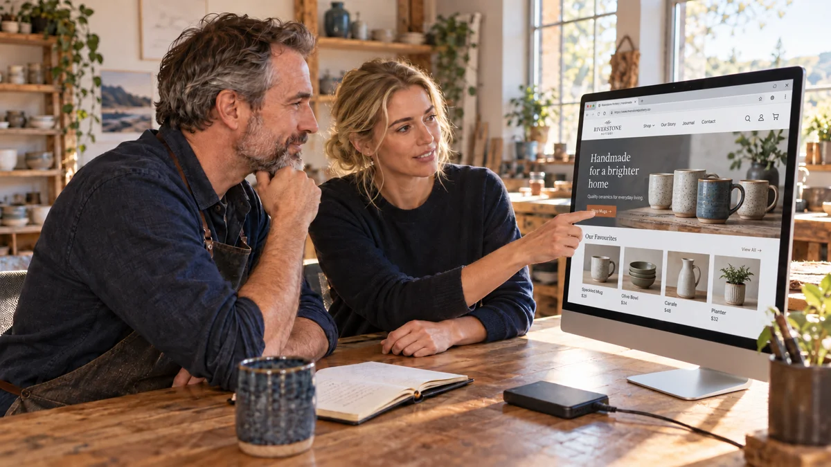 Illustrative website repair consultation with two people reviewing a pottery shop website; not a client result